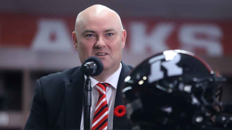 Redblacks vice president of football operations Shawn Burke speaks at a press conference after Ryan Dinwiddie is named as the new head coach and general manager of the Ottawa Redblacks CFL team. (Patrick Doyle/THE CANADIAN PRESS)