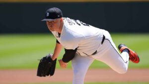 Detroit Tigers pitcher Tarik Skubal throws a warmup pitch against the Philadelphia Phillies during the first inning. (Paul Sancya/AP)