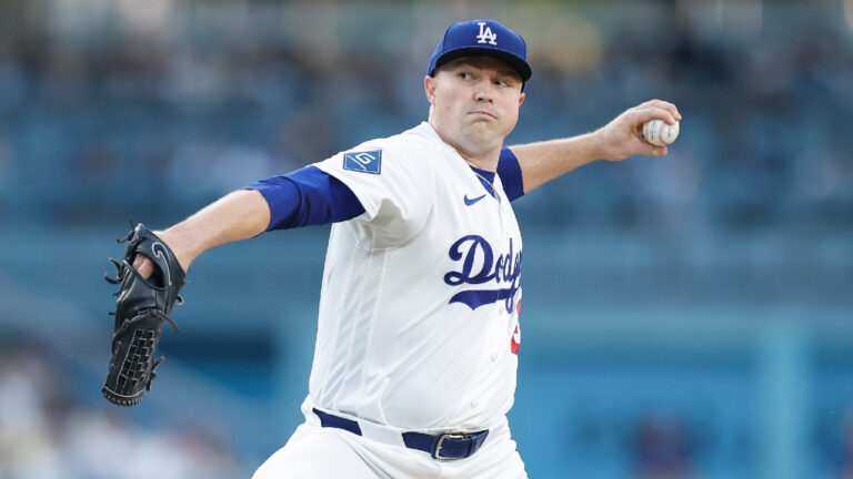 Los Angeles Dodgers starting pitcher Tarik Skubal throws during the first inning of a baseball game against the Kansas City Royals, Monday, Aug. 10, 2026, in Los Angeles. (Caroline Brehman/AP)