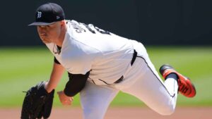 Detroit Tigers pitcher Tarik Skubal throws a warmup pitch against the Philadelphia Phillies during the first inning. (Paul Sancya/AP)