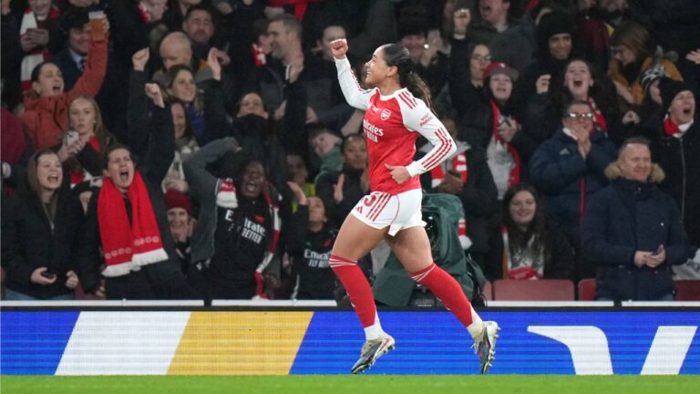 Arsenal's Olivia Smith celebrates after scoring the opening goal during the Women's Champions Cup final soccer match between Arsenal FC and SC Corinthians in London, Sunday, Feb. 1, 2026. (Alastair Grant/AP)