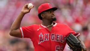 Los Angeles Angels pitcher José Soriano throws during the seventh inning of a baseball game against the Cincinnati Reds in Cincinnati, Sunday, April 12, 2026. (Carolyn Kaster/AP Photo)
