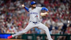 Toronto Blue Jays' Jose Soriano pitches during the second inning of a baseball game against the Philadelphia Phillies Friday, Aug. 7, 2026, in Philadelphia. (Matt Slocum/AP)