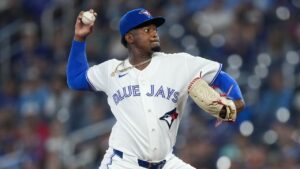 Toronto Blue Jays pitcher Jose Soriano works against the Boston Red Sox during first inning American League MLB baseball action in Toronto on Wednesday, August 12, 2026. (Nathan Denette/THE CANADIAN PRESS)