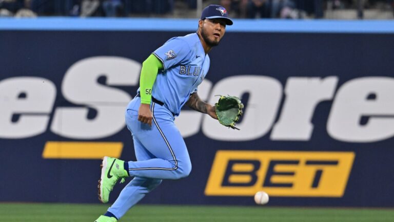 Toronto Blue Jays infielder Lenyn Sosa (50) tracks a ground ball single off the bat of Pittsburgh Pirates infielder Spencer Horwitz, not pictured, during second inning MLB baseball action in Toronto on Saturday, May 23, 2026. (Jon Blacker/CP)