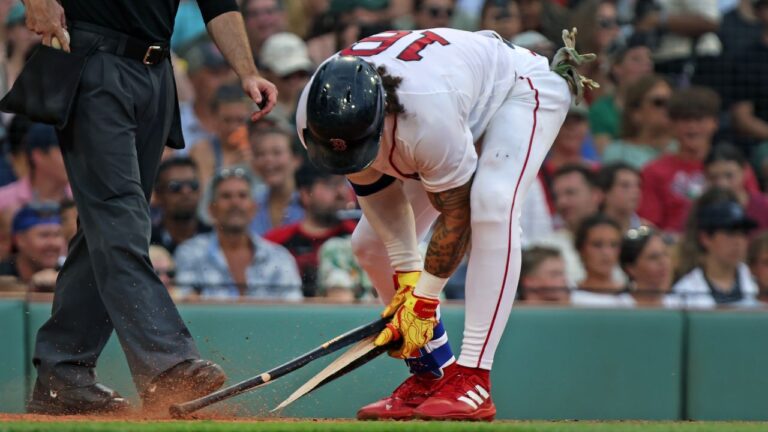 Boston Red Sox's Jarren Duran snaps his bat after striking out to end the eighth inning of a baseball game against the Athletics, Saturday, Aug. 8, 2026, in Boston. (Jim Davis/AP)