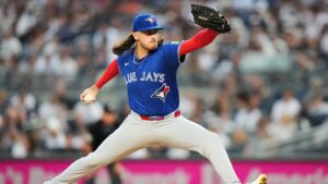 Toronto Blue Jays' Spencer Arrighetti pitches during the first inning of a baseball game against the New York Yankees Friday, Aug. 21, 2026, in New York. (Frank Franklin II/AP Photo)