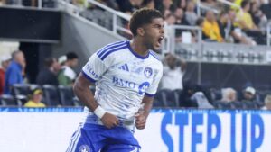 CF Montreal forward Noah Streit celebrates his goal against the Columbus Crew during the second half of an MLS soccer match in Columbus, Ohio, Wednesday, Aug. 19, 2026. (Paul Vernon/AP Photo)