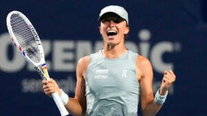 Poland's Iga Swiatek celebrates her 6-3 1-6 6-3 win over Ukraine's Elina Svitolina in National Bank Open tennis action in Toronto on Wednesday, August 12, 2026. (Chris Young/CP)