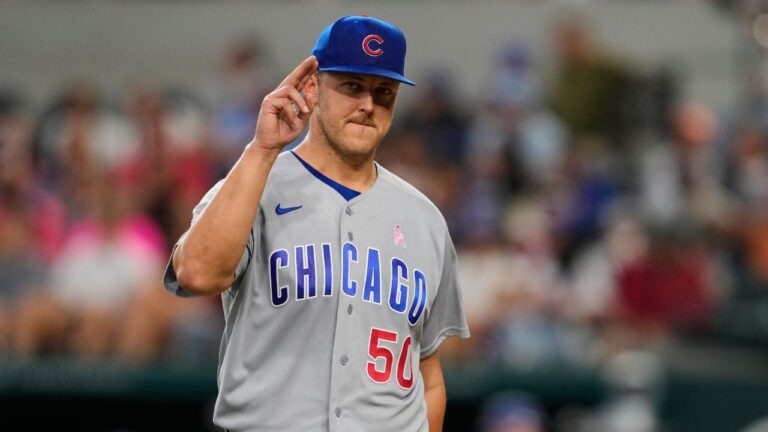 Chicago Cubs pitcher Jameson Taillon acknowledges cheers from fans as he walks to the dugout after being pulled in the sixth inning of a baseball game against the Texas Rangers Sunday May 10, 2026, in Arlington, Texas. (Tony Gutierrez/AP)