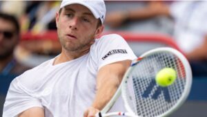 Tallon Griekspoor of the Netherlands hits a return to Matteo Arnaldi of Italy during third round tennis action at the National Bank Open in Montreal on Friday, Aug. 7, 2026. (Christinne Muschi/THE CANADIAN PRESS)