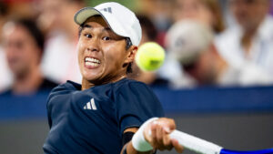 Learner Tien from the United States returns the ball from Tommy Paul from the United States on day six of the National Bank Open tennis tournament in Montreal on Friday, August 7, 2026. (Christopher Katsarov/CP)