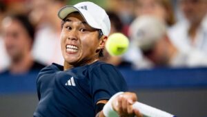 Learner Tien from the United States returns the ball from Tommy Paul from the United States on day six of the National Bank Open tennis tournament in Montreal on Friday, August 7, 2026. (Christopher Katsarov/THE CANADIAN PRESS)