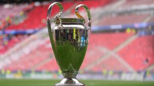 The trophy is displayed on the pitch before the Champions League final soccer match between Paris Saint-Germain and Arsenal in Budapest, Hungary, on May 30, 2026. (Andreea Alexandru/AP)