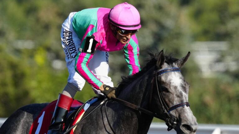 Jockey John Velazquez rides Luster to win the 167th running of the King's Plate horse race, in Toronto, Saturday, Aug. 15, 2026. (Frank Gunn/CP)