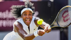 United States' Venus Williams returns the ball to Romania's Irina Camelia Begu during their round of 32 match at the Bad Homburg Open WTA tennis tournament in Bad Homburg, Germany, Monday, June 22, 2026. (Michael Probst/AP)