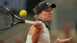 Ukraine's Elina Svitolina returns to Ukraine's Marta Kostyuk during the quarterfinal tennis match at the French Open in Paris, Tuesday, June 2, 2026. (Aurelien Morissard/AP)