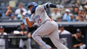 Toronto Blue Jays' Vladimir Guerrero Jr. runs to first base during the first inning of a baseball game against the New York Yankees Saturday, Aug. 22, 2026, in New York. (Frank Franklin II/AP)