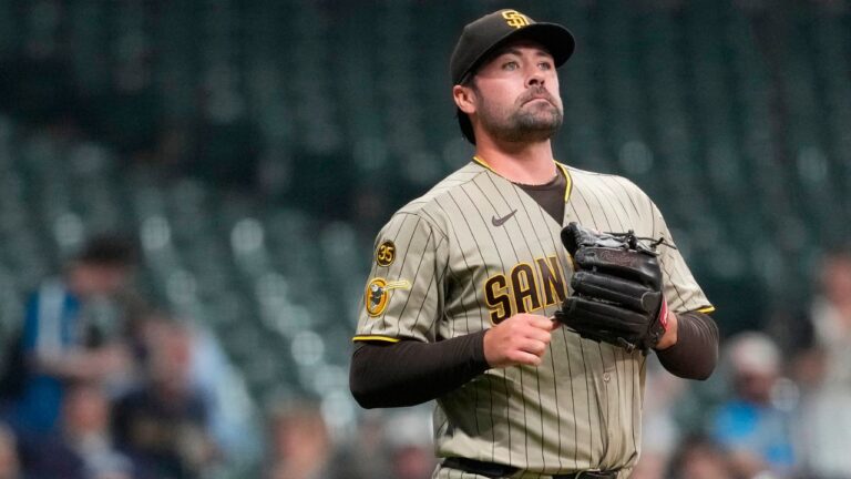 San Diego Padres' Matt Waldron looks on during the fourth inning of a baseball game against the Milwaukee Brewers, Tuesday, May 12, 2026, in Milwaukee. (Aaron Gash/AP)