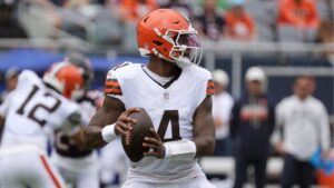 Cleveland Browns quarterback Deshaun Watson (4) passes during the first half of a preseason NFL football game, Saturday, Aug. 15, 2026, in Chicago. (David Banks/AP)