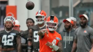 Cleveland Browns quarterback Deshaun Watson passes during the team's NFL football training camp, Monday, Aug. 10, 2026, in Berea, Ohio. (Sue Ogrocki/AP Photo)