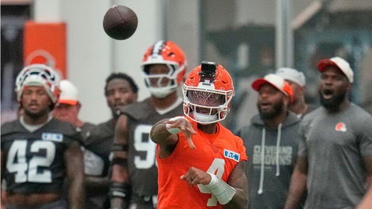 Cleveland Browns quarterback Deshaun Watson passes during the team's NFL football training camp, Monday, Aug. 10, 2026, in Berea, Ohio. (Sue Ogrocki/AP Photo)