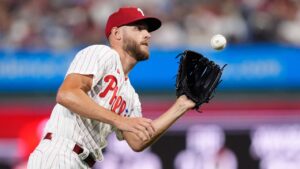 Philadelphia Phillies pitcher Zack Wheeler fields a ground out by Toronto Blue Jays' Alejandro Kirk during the first inning of a baseball game Friday, Aug. 7, 2026, in Philadelphia. (Matt Slocum/AP)