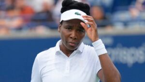 Venus Williams reacts during her straight sets defeat to Kamilla Rakhimova during National Bank Open action in Toronto on Sunday, August 2, 2026. (Chris Young/CP)