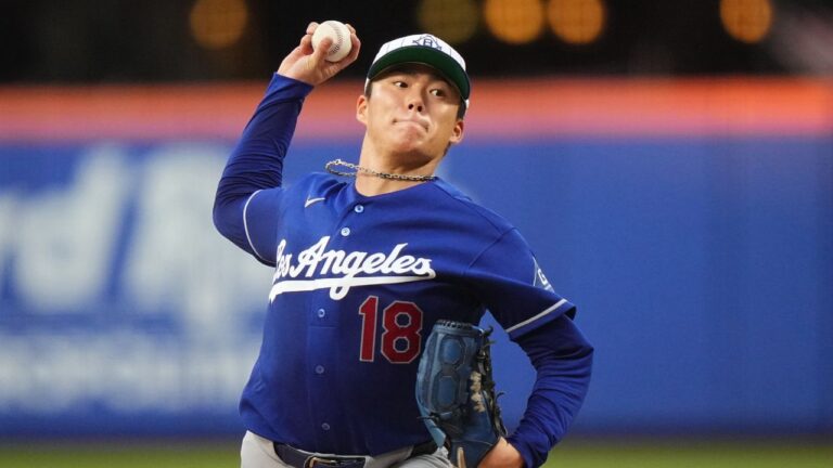 Los Angeles Dodgers' Yoshinobu Yamamoto pitches during the second inning of a baseball game against the New York Mets Saturday, July 25, 2026, in New York. (Frank Franklin II/AP)