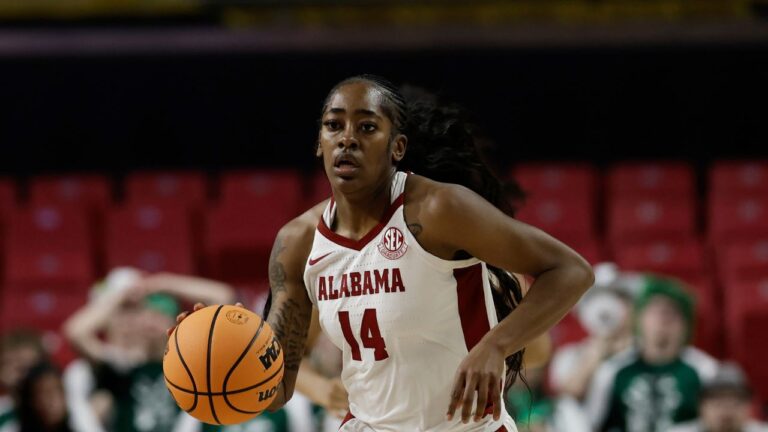 Alabama guard Zaay Green (14) brings the ball up court during the first half in the first round of the NCAA college basketball tournament against Green Bay, in College Park, Md. Saturday, March 22, 2025. (Terrance Williams/AP)