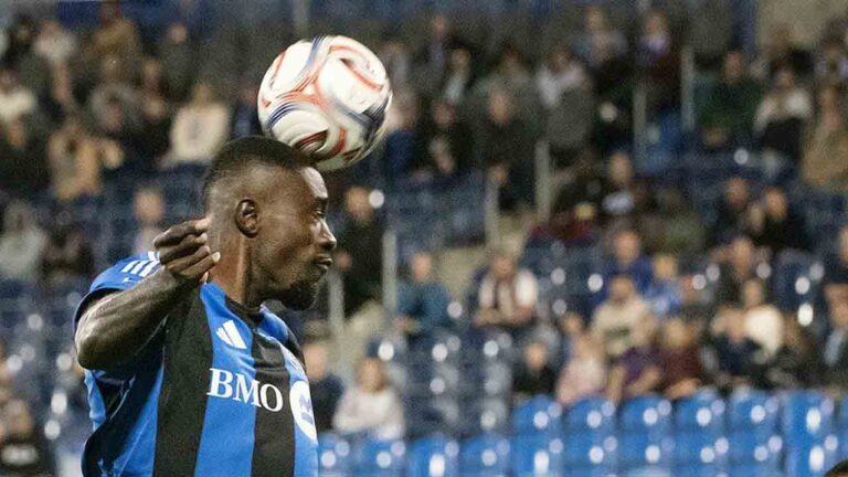 CF Montreal's Prince Owusu (9) heads the ball as FC Cincinnati's Bryan Ramirez (29) looks on during first half MLS soccer action in Montreal on Saturday, Sept. 26, 2026. (Peter McCabe/CP)