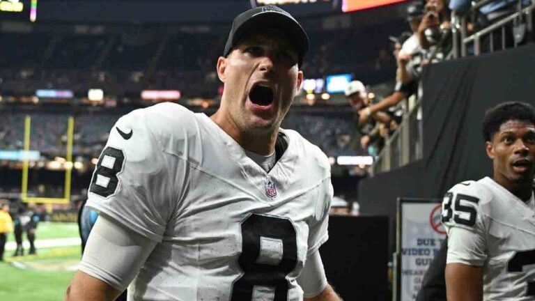 Las Vegas Raiders quarterback Kirk Cousins (8) celebrates the team's win in an NFL football game against the New Orleans Saints in New Orleans, Sunday, Sept. 27, 2026. (Gerald Herbert/AP)