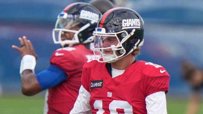 New York Giants' quarterback J.J. McCarthy, right, looks on as quarterback Jameis Winston, left, throws during a practice at the team's NFL football facilities in East Rutherford, N.J., Wednesday, Sept. 30, 2026. (Seth Wenig/AP)