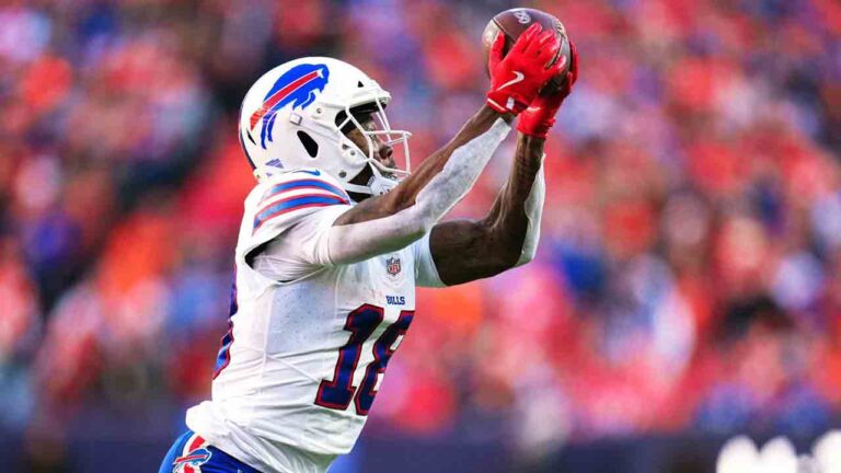 Buffalo Bills wide receiver Brandin Cooks catches a pass during the first half of an NFL divisional round playoff football game against the Denver Broncos, Jan. 17, 2026, in Denver. (Jack Dempsey/AP)