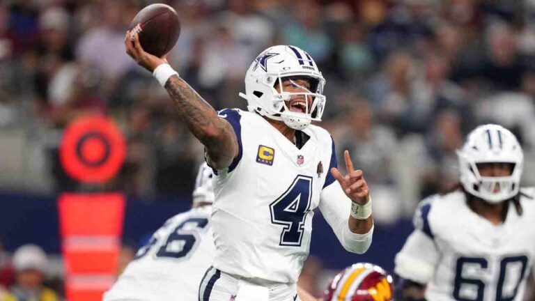 Dallas Cowboys quarterback Dak Prescott (4) passes against the Washington Commanders in the second half during an NFL football game in Arlington, Texas, Sunday, Sept. 20, 2026. (Tony Gutierrez/AP)