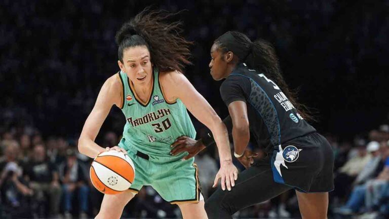 New York Liberty forward Breanna Stewart (30) dribbles downcourt as Minnesota Lynx guard Maya Caldwell (3) defends during the second half of a WNBA basketball game Friday, Sept. 18, 2026, in Minneapolis. (Abbie Parr/AP)