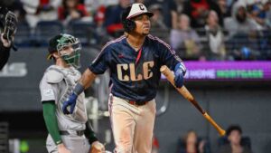 Cleveland Guardians' Jose Ramirez, right, watches his solo home run off Athletics relief pitcher Seth Johnson as Athletics catcher Jonah Heim, left, looks on during the sixth inning of a baseball game, Friday, Sept. 18, 2026, in Cleveland. (Phil Long/AP)