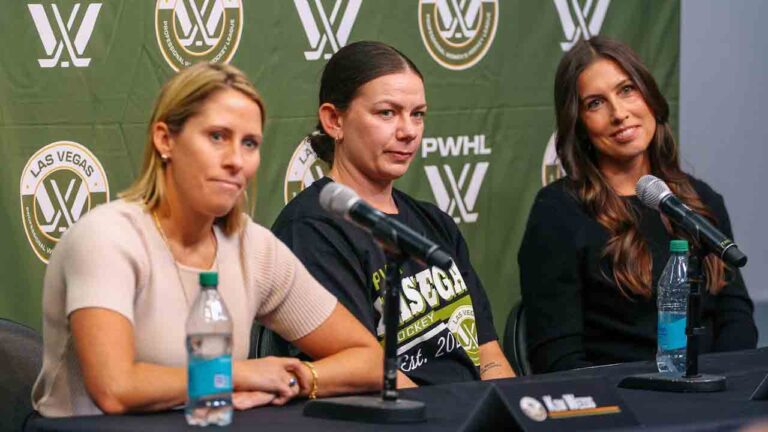 PWHL Las Vegas head coach Kim Weiss, defender Erin Ambrose and general manager Dominique DiDia listen to a reporter's question during PWHL Las Vegas' welcome tour media availability on Wednesday, Sept. 23, 2026, in Las Vegas. (Liv Paggiarino/Las Vegas Review-Journal via AP)