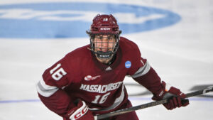 Massachusetts forward Aydar Suniev (16) in action against Minnesota in overtime during the first round of the NCAA college hockey tournament on Thursday, March 27, 2025, in Fargo, N.D. Massachusetts won 5-4 in overtime. (Craig Lassig/AP)
