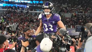 Baltimore Ravens place kicker Tyler Loop (33) celebrates after winning an NFL football game against the Dallas Cowboys in Rio de Janeiro, Sunday, Sept. 27, 2026. (Fernando Llano/AP)