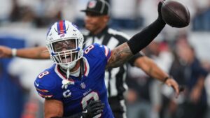Buffalo Bills linebacker Terrel Bernard reacts after recovering a fumble against the Houston Texans during the second half of an NFL game, Sunday, Sept. 13, 2026, in Houston. (AP/Eric Christian Smith)