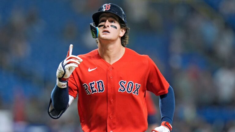Boston Red Sox's Roman Anthony celebrates his home run off Tampa Bay Rays pitcher Ian Seymour during the first inning of a baseball game Friday, Sept. 18, 2026, in St. Petersburg, Fla. (Chris O'Meara/AP)