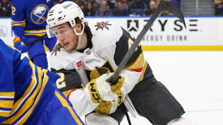 Vegas Golden Knights right wing Braeden Bowman (42) skates during the second period of an NHL hockey game against the Buffalo Sabres Tuesday, March 3, 2026, in Buffalo, N.Y. (Jeffrey T. Barnes/AP)