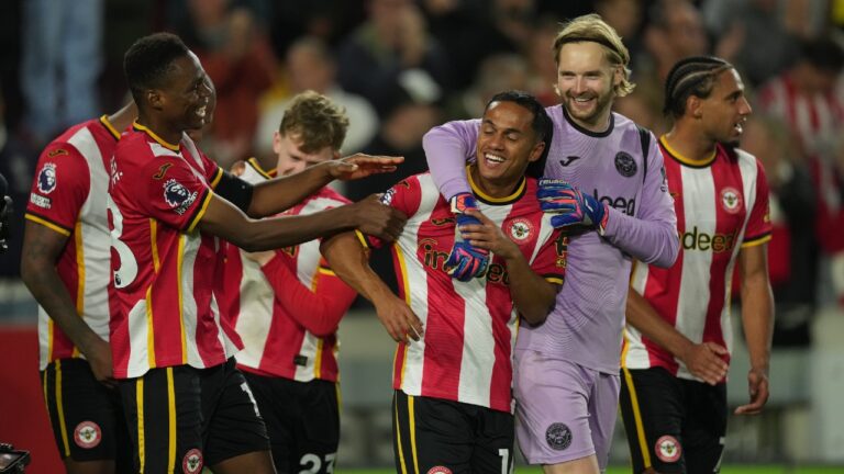 Brentford players celebrate after the Premier League soccer match between Brentford and Chelsea in London, England, Friday, Sept. 18, 2026. (Dave Shopland/AP)