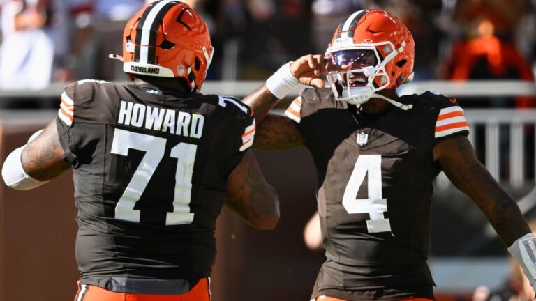 Cleveland Browns quarterback Deshaun Watson (4) celebrates after throwing for a 2-point conversion against the Carolina Panthers during the second half of an NFL football game in Cleveland, Sunday, Sept. 27, 2026. (AP Photo/David Richard)