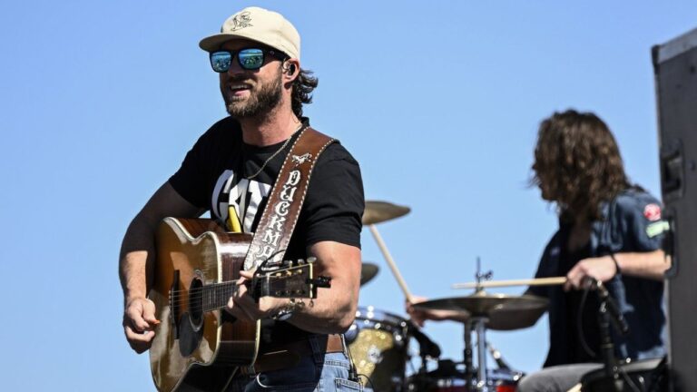Country music artist Riley Green performs prior to a NASCAR Cup Series auto race at Charlotte Motor Speedway, Sunday, Oct. 8, 2023, in Concord, N.C. (Matt Kelley/AP)