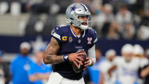 Dallas Cowboys quarterback Dak Prescott drops back to pass during an NFL game against the Los Angeles Chargers in Arlington, Texas, Sunday, Dec. 21, 2025. (Tony Gutierrez/AP)