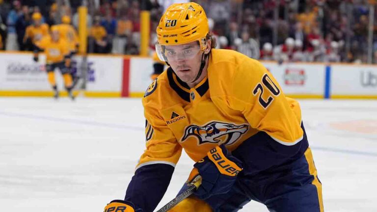 Nashville Predators defenseman Justin Barron (20) plays during the first period of an NHL hockey game against the Montreal Canadiens, Saturday, March 28, 2026, in Nashville, Tenn. (George Walker IV/AP)