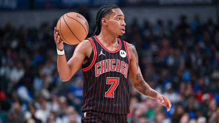 Chicago Bulls' Rob Dillingham looks up the court during an NBA basketball game against the Dallas Mavericks Sunday, April 12, 2026, in Dallas. (Albert Pena/AP)