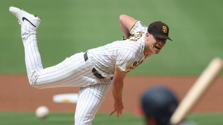 San Diego Padres starting pitcher Nick Pivetta works against a Washington Nationals batter in the first inning of a baseball game Monday, Sept. 7, 2026, in San Diego. (AP Photo/Karl Anderson)